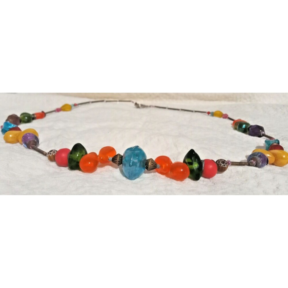 Vintage Necklace Multi-Colored Glass Beaded Silver Tone Chain